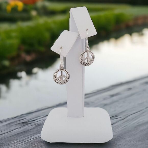 Peace Sign Celtic Sterling Silver Drop Earrings - Picture 1 of 2